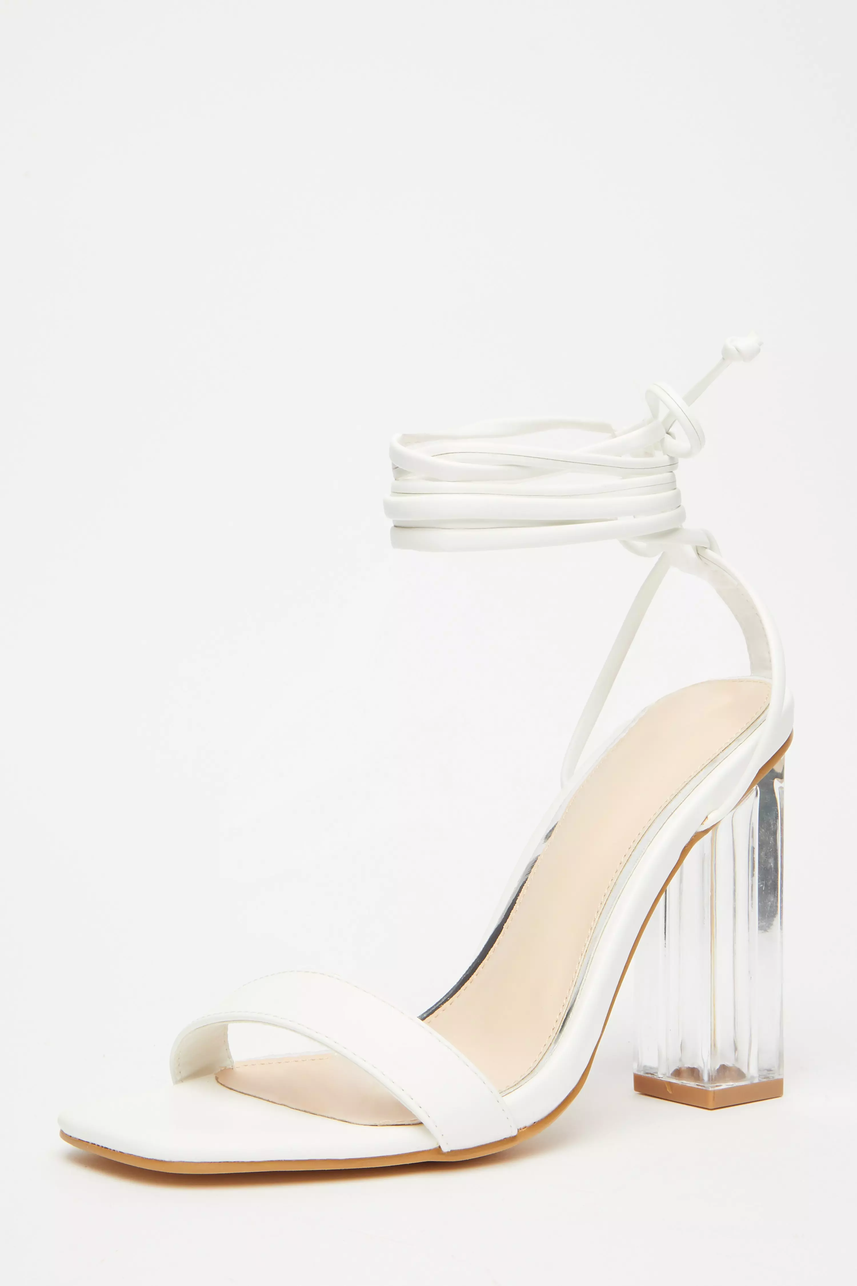 White Clear Ankle Tie Heeled Sandals