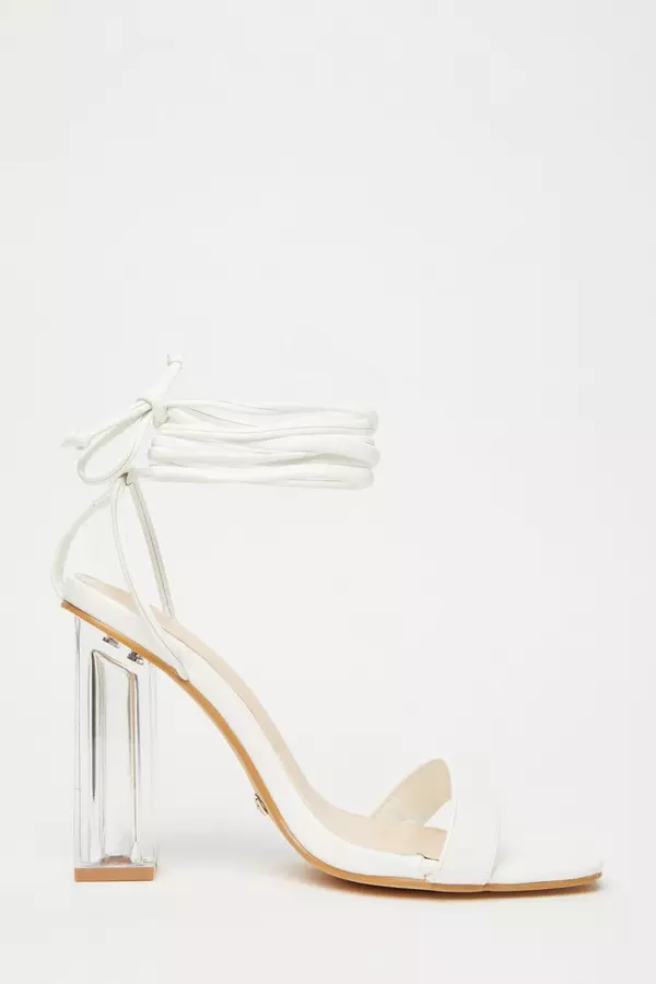 White Clear Ankle Tie Heeled Sandals