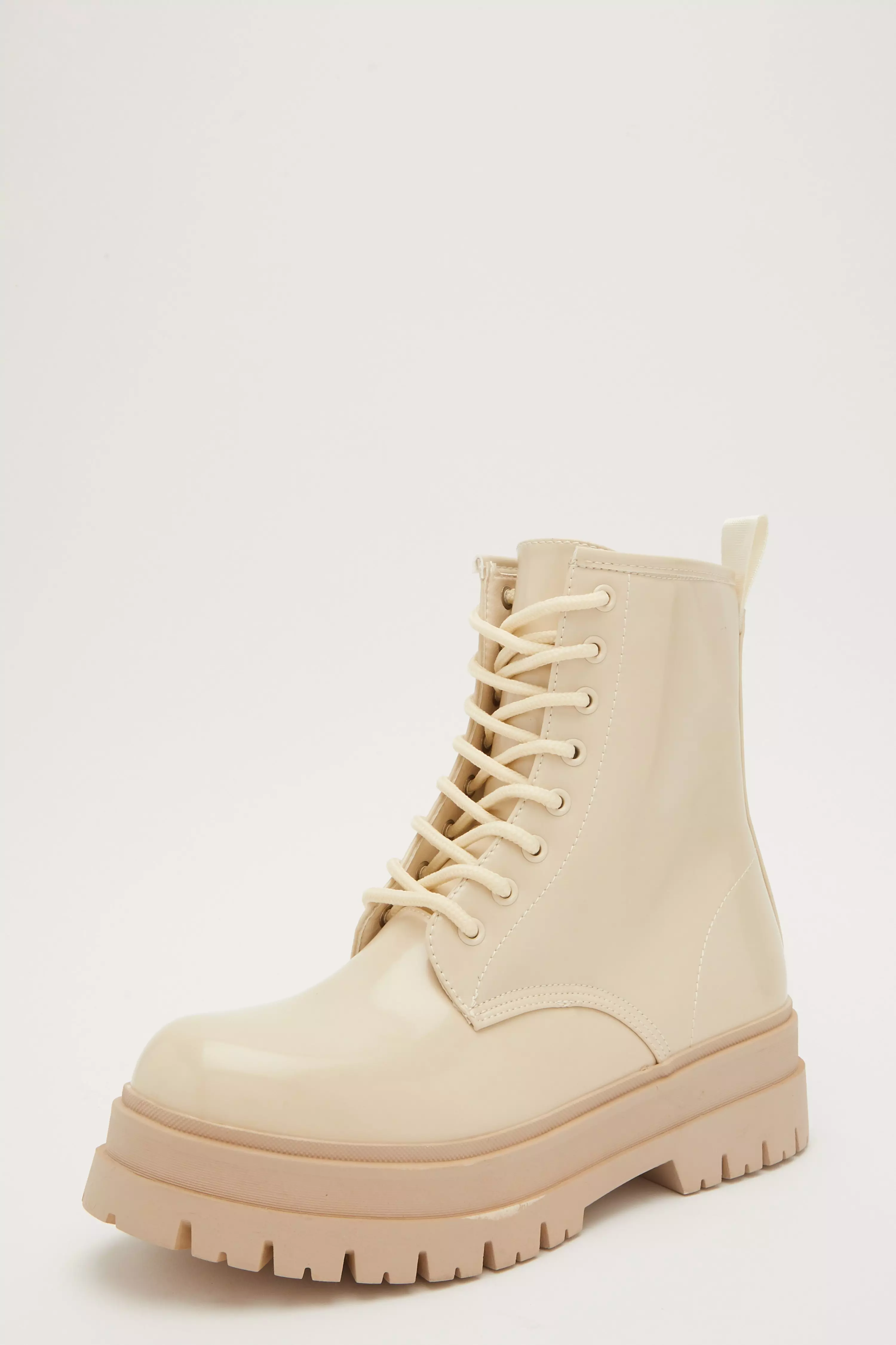Beige Faux Leather Chunky Ankle Boots