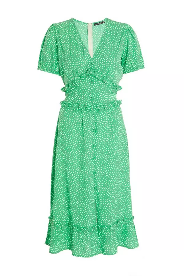 Green Polka Dot Print Midi Dress