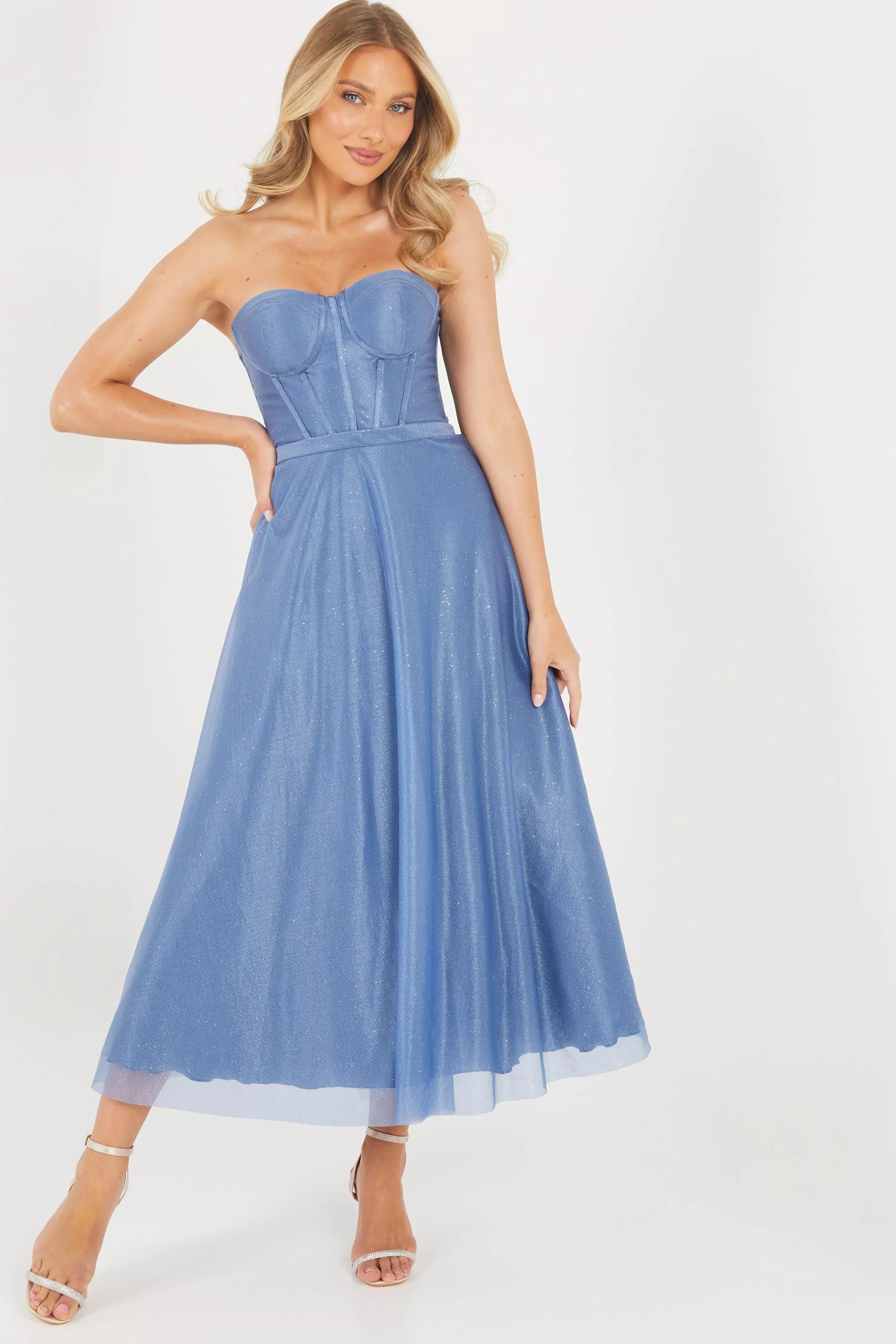 Blue Glitter Strapless Midi Dress