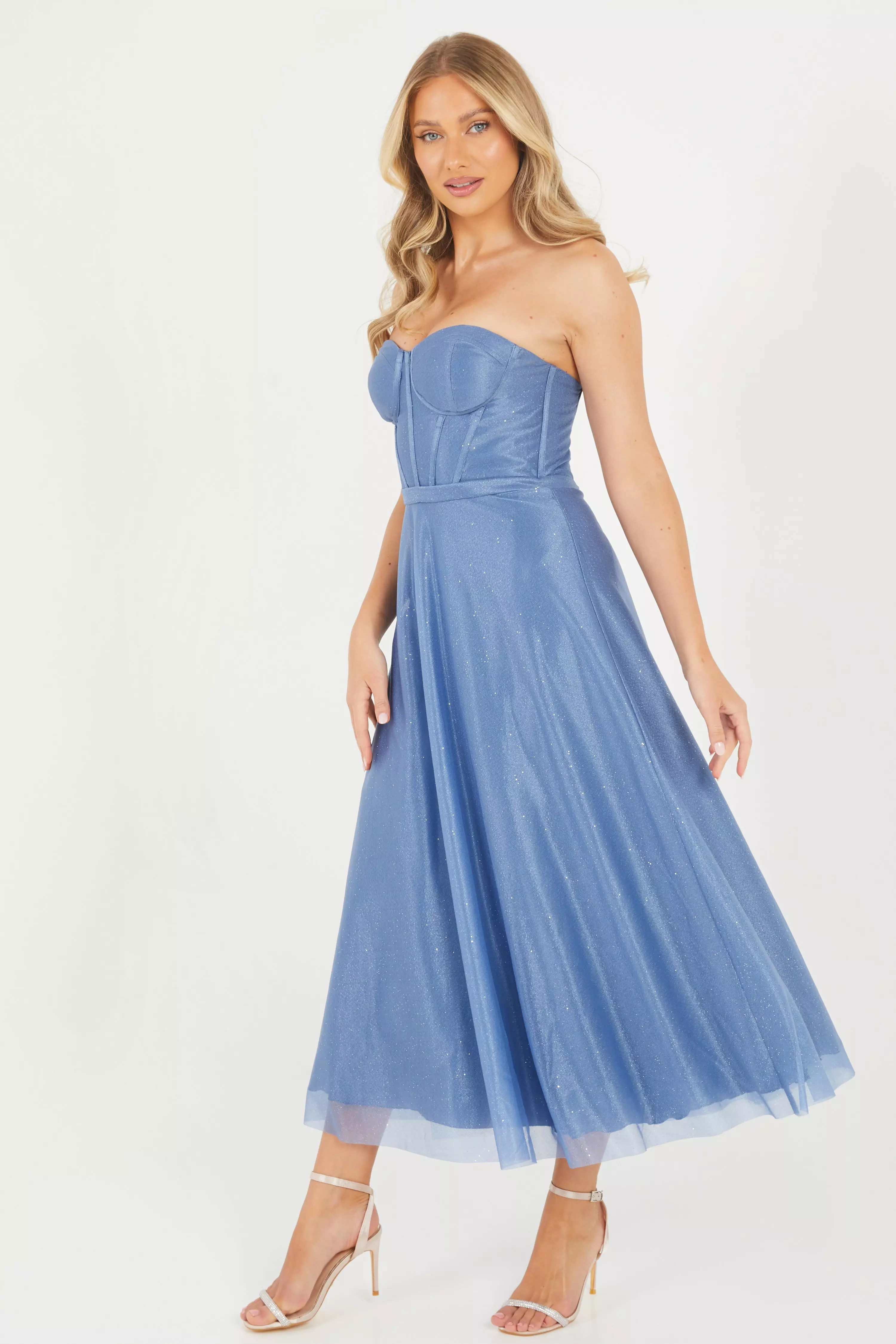 Blue Glitter Strapless Midi Dress