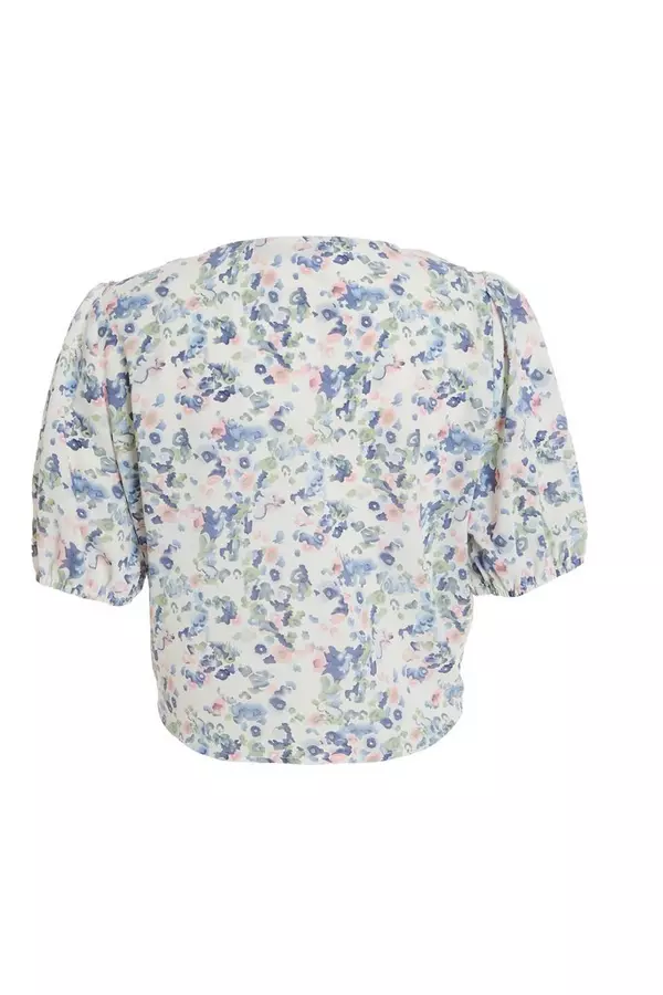 White Ditsy Floral Tie Front Top