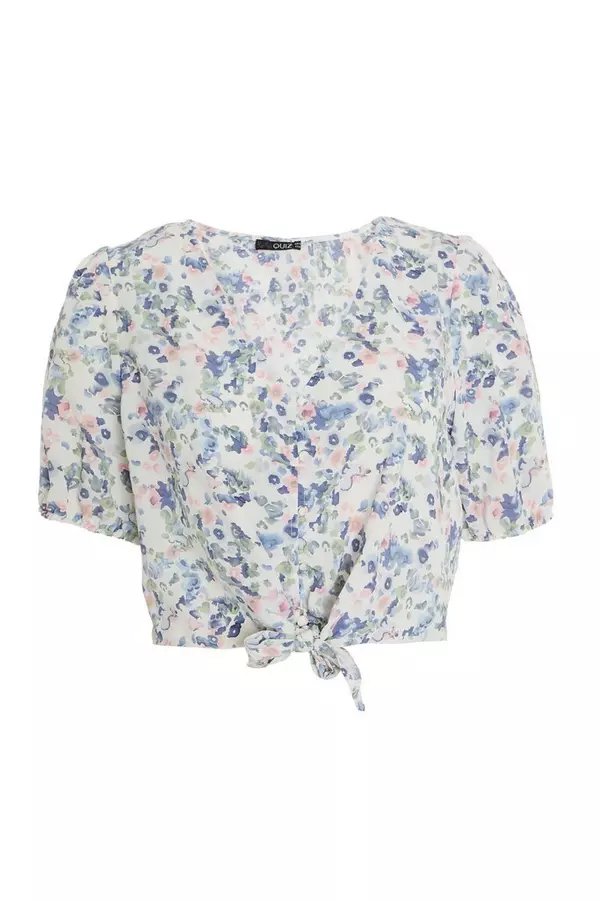 White Ditsy Floral Tie Front Top