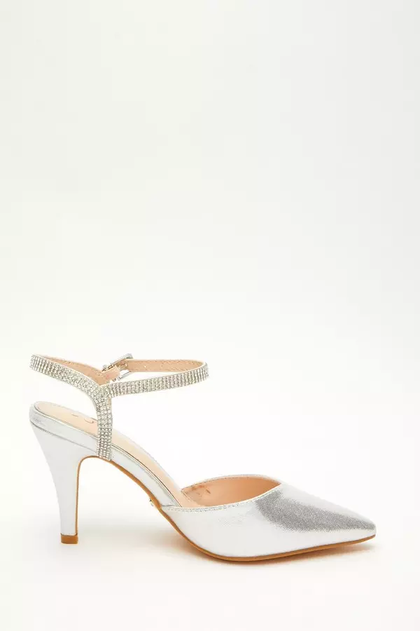 Wide Fit Silver Diamante Strap Court Heels