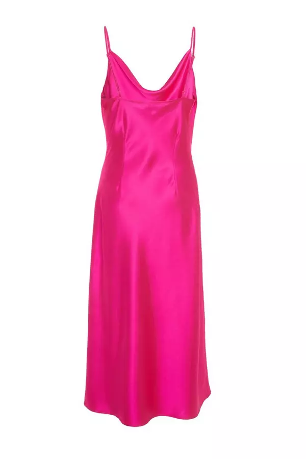 Hot Pink Satin Slip Midi Dress