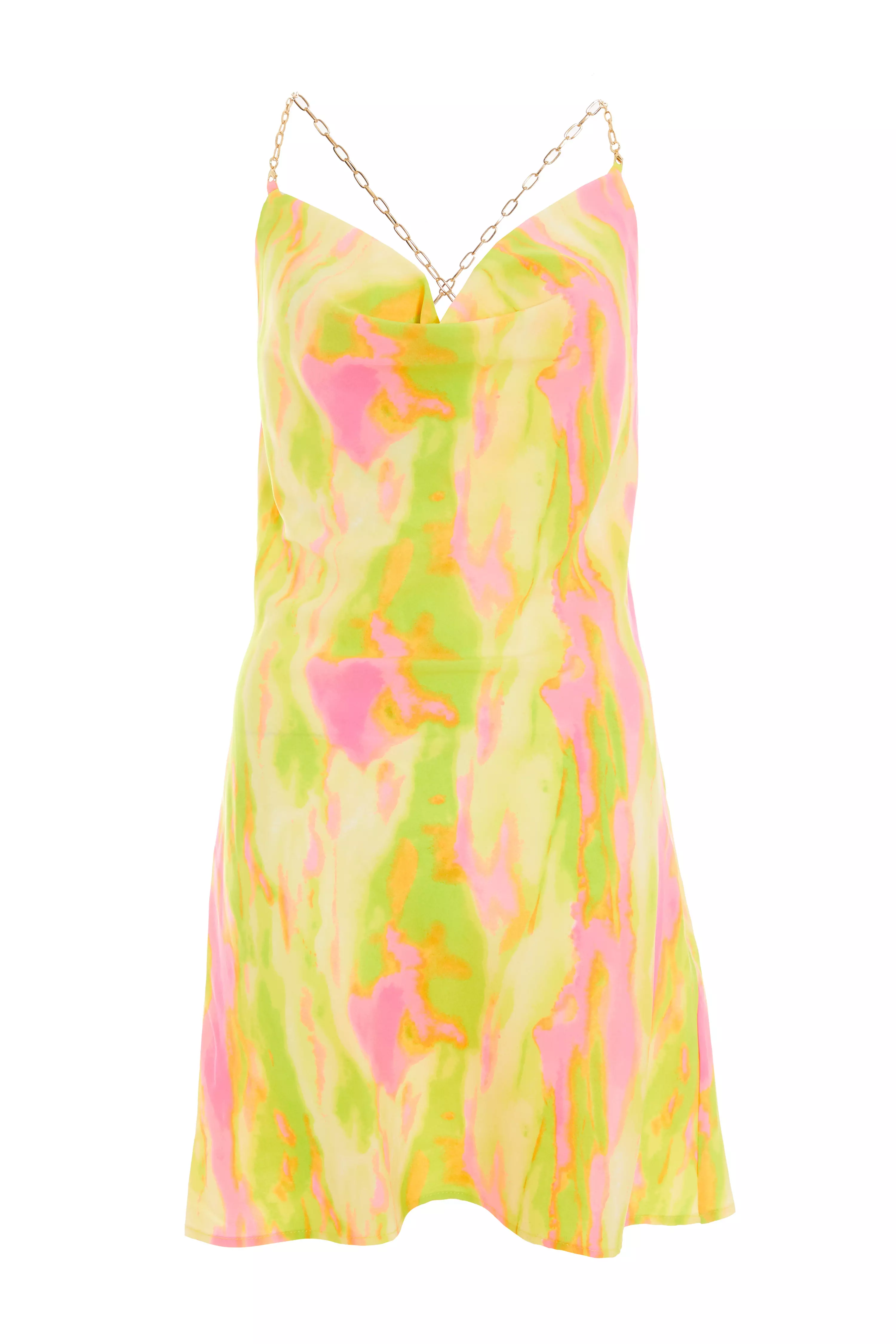 Lime Marble Print Chain Slip Mini Dress