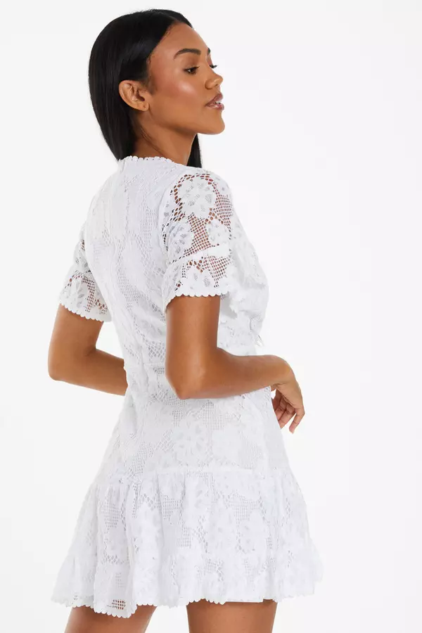 White Lace Wrap Mini Dress