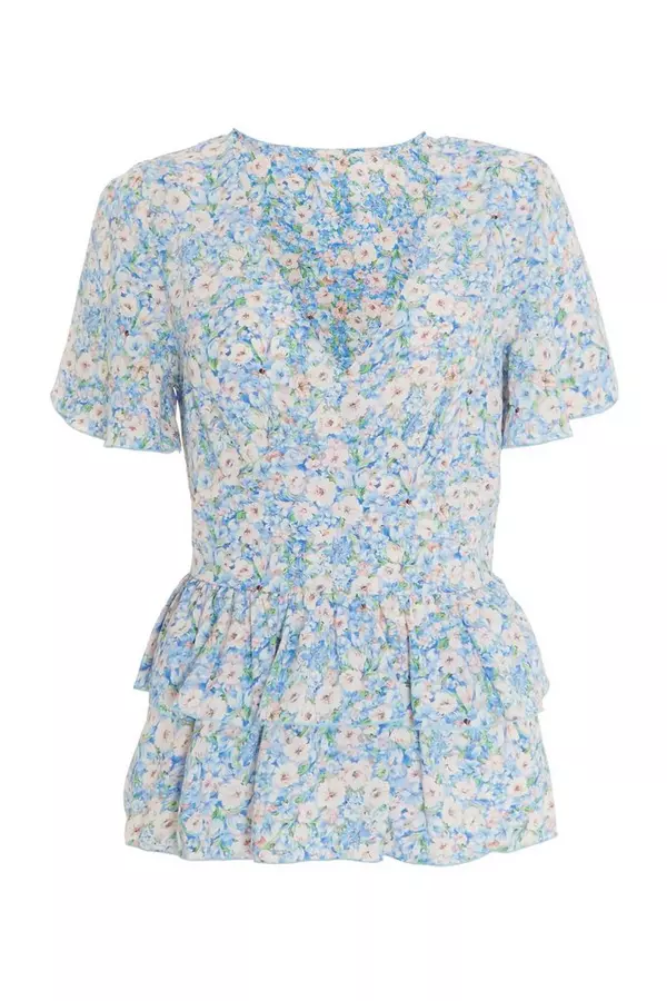 Blue Ditsy Floral Peplum Frill Top