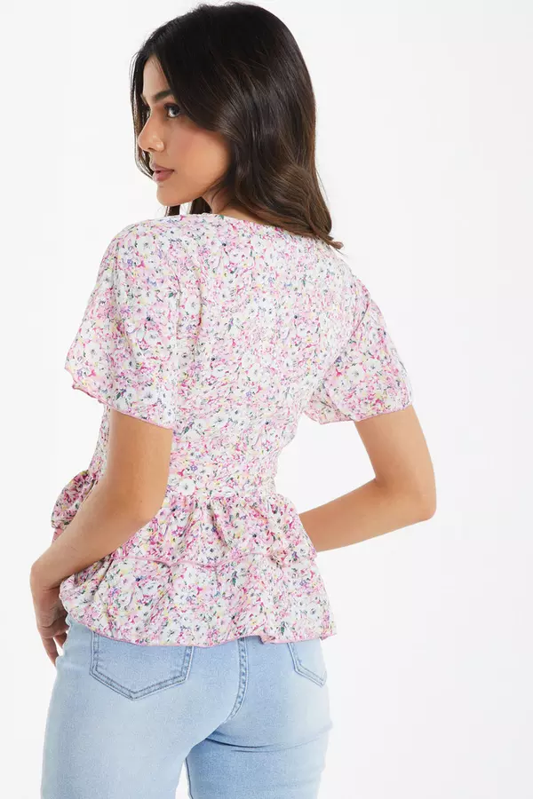 Pink Ditsy Floral Peplum Frill Top