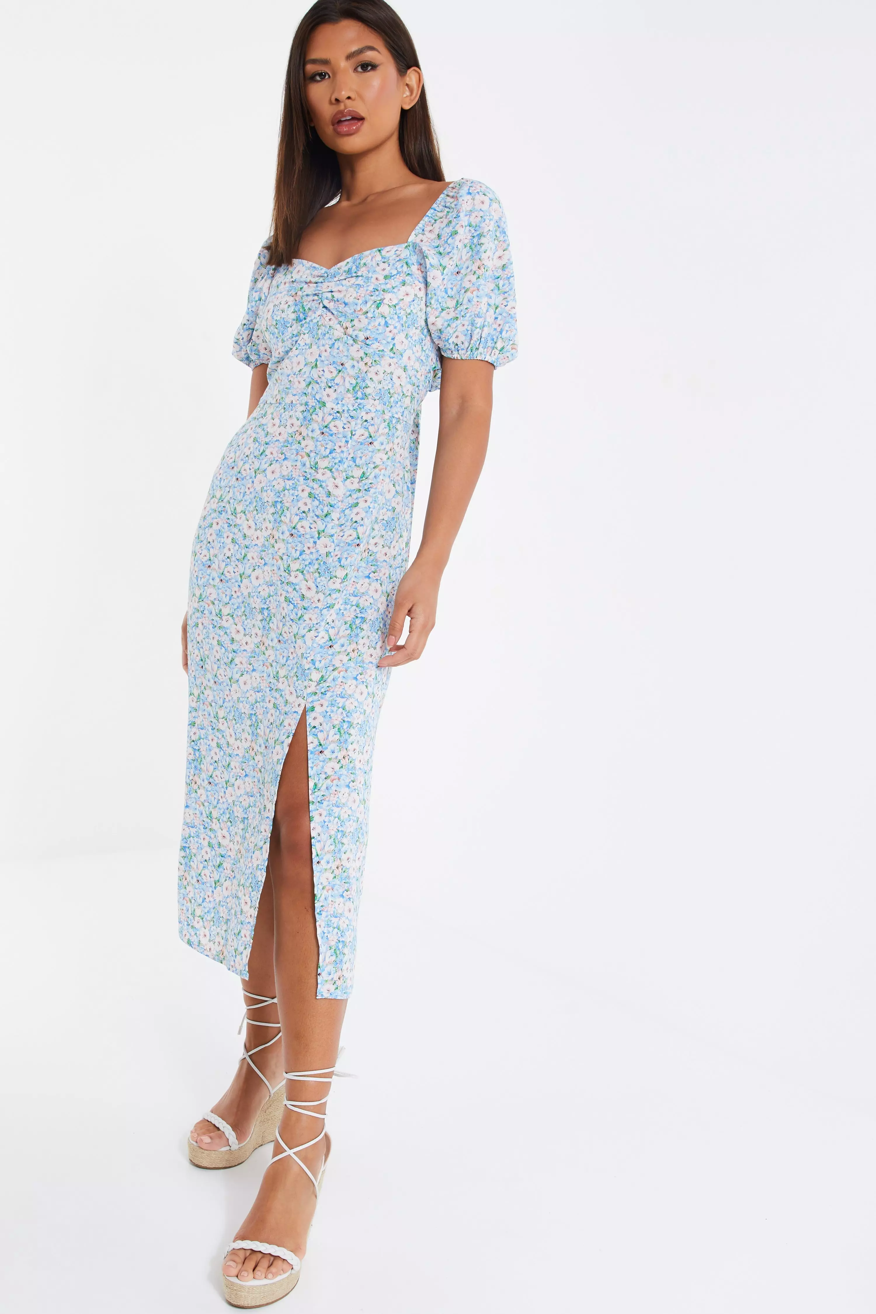 Blue Ditsy Floral Midi Dress