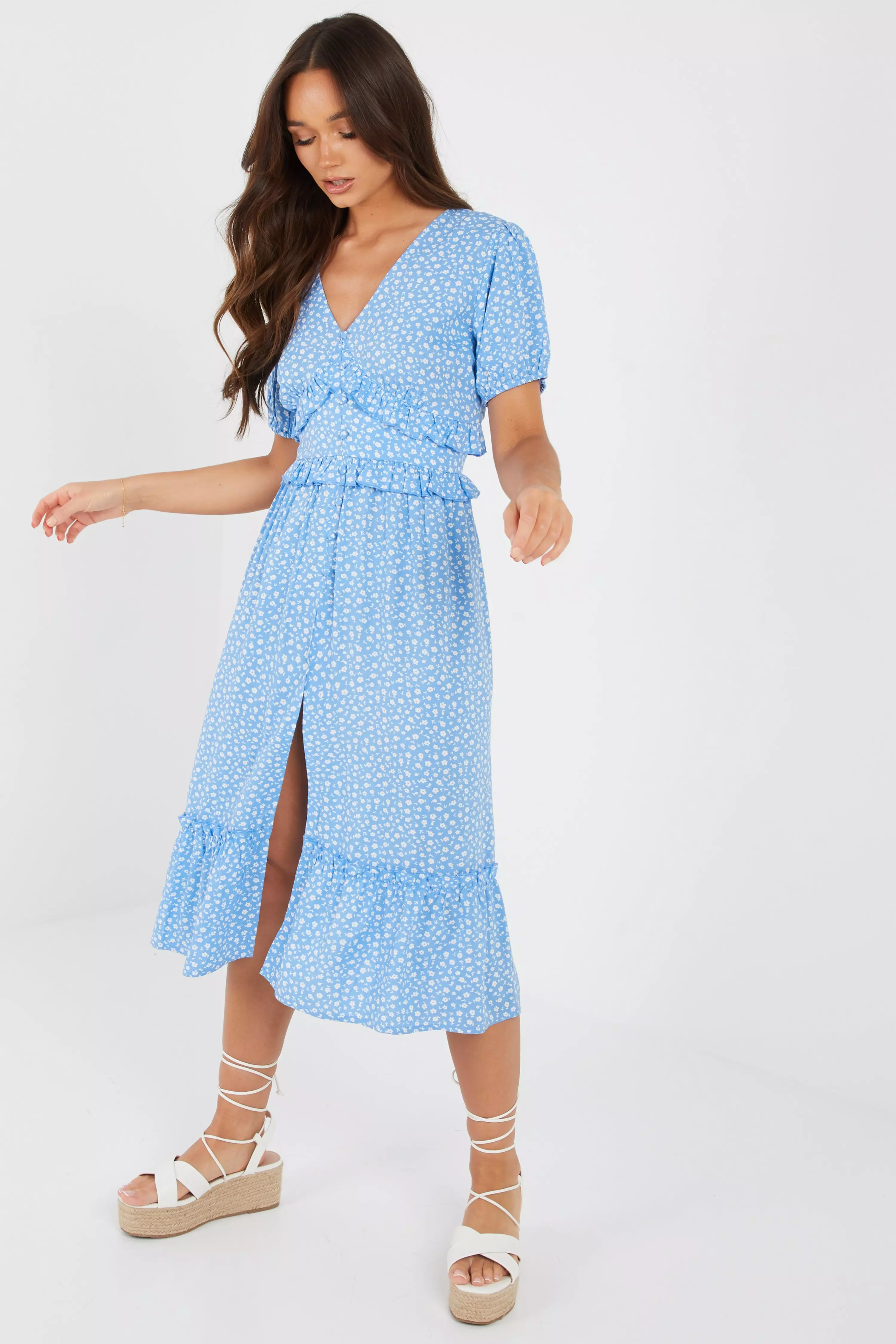 Blue Ditsy Floral Print Midi Dress