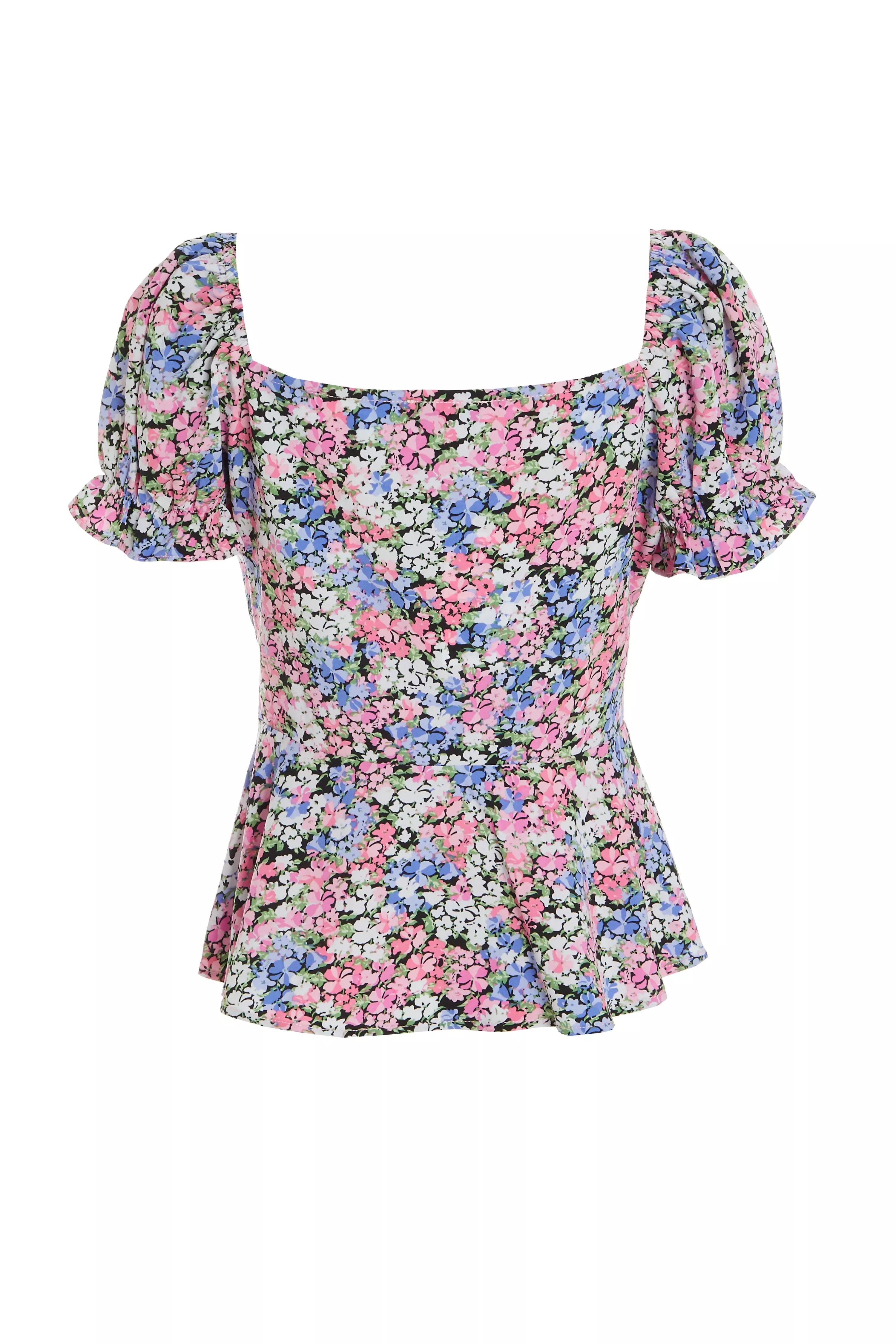 Blue Floral Ruched Peplum Top