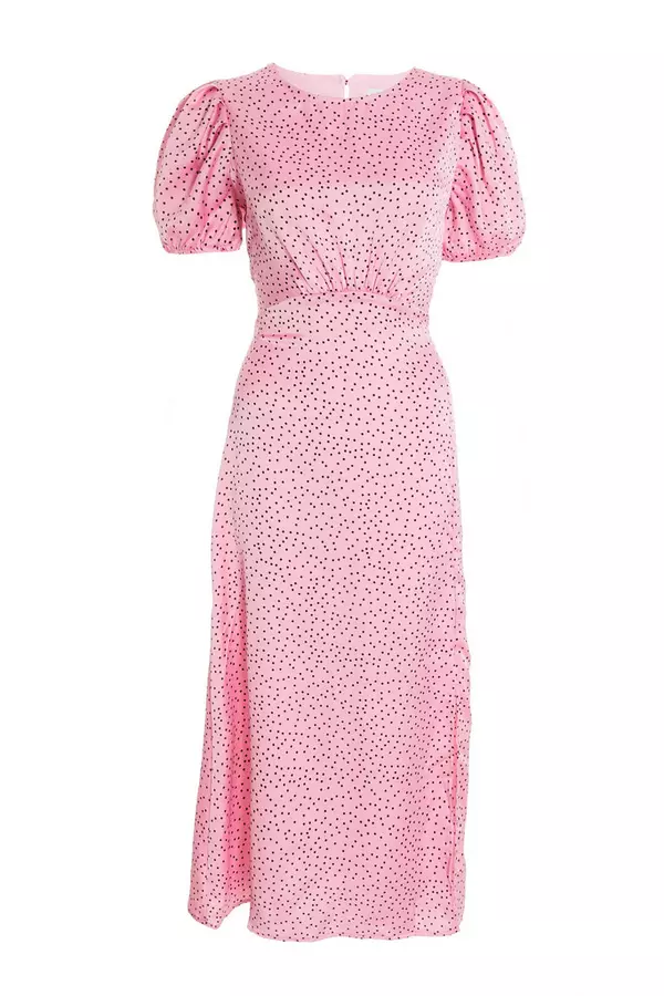 Pink Polka Dot Satin Midi Dress