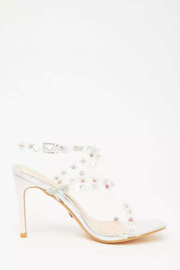Silver Studded Clear Heeled Sandals