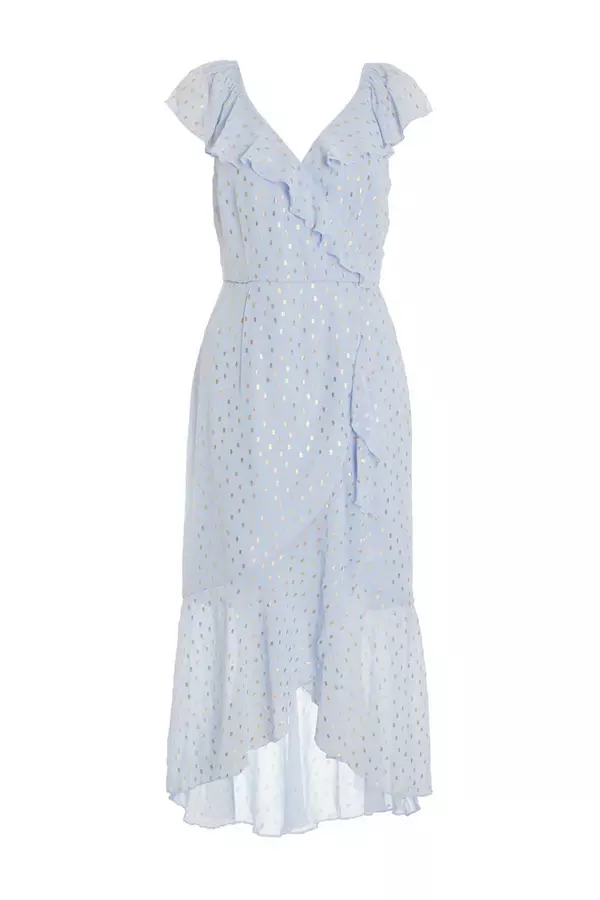 Blue Foil Polka Dot Wrap Midi Dress