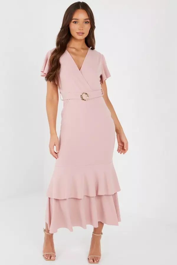 Pink Frill Hem Midi Dress