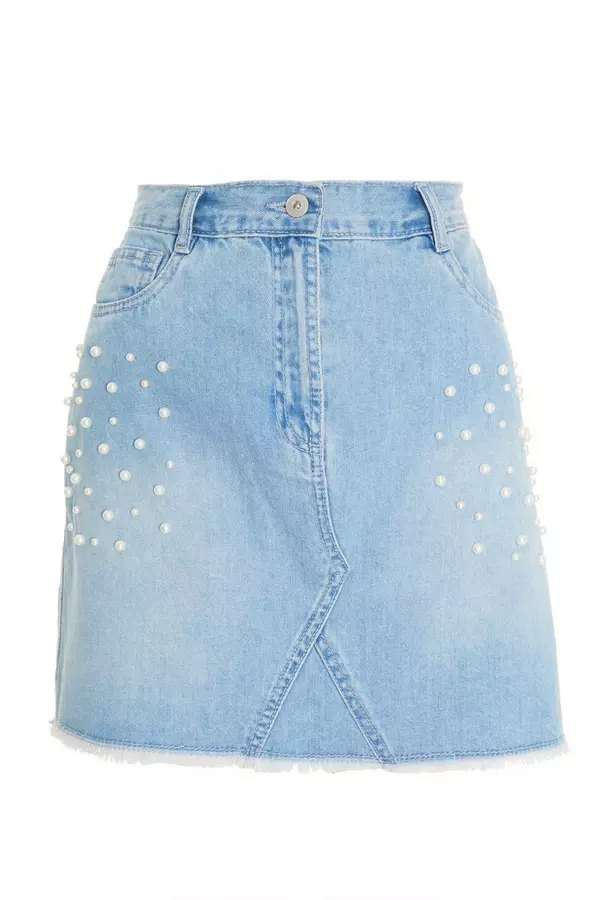 Light Blue Pearl Denim Mini Skirt