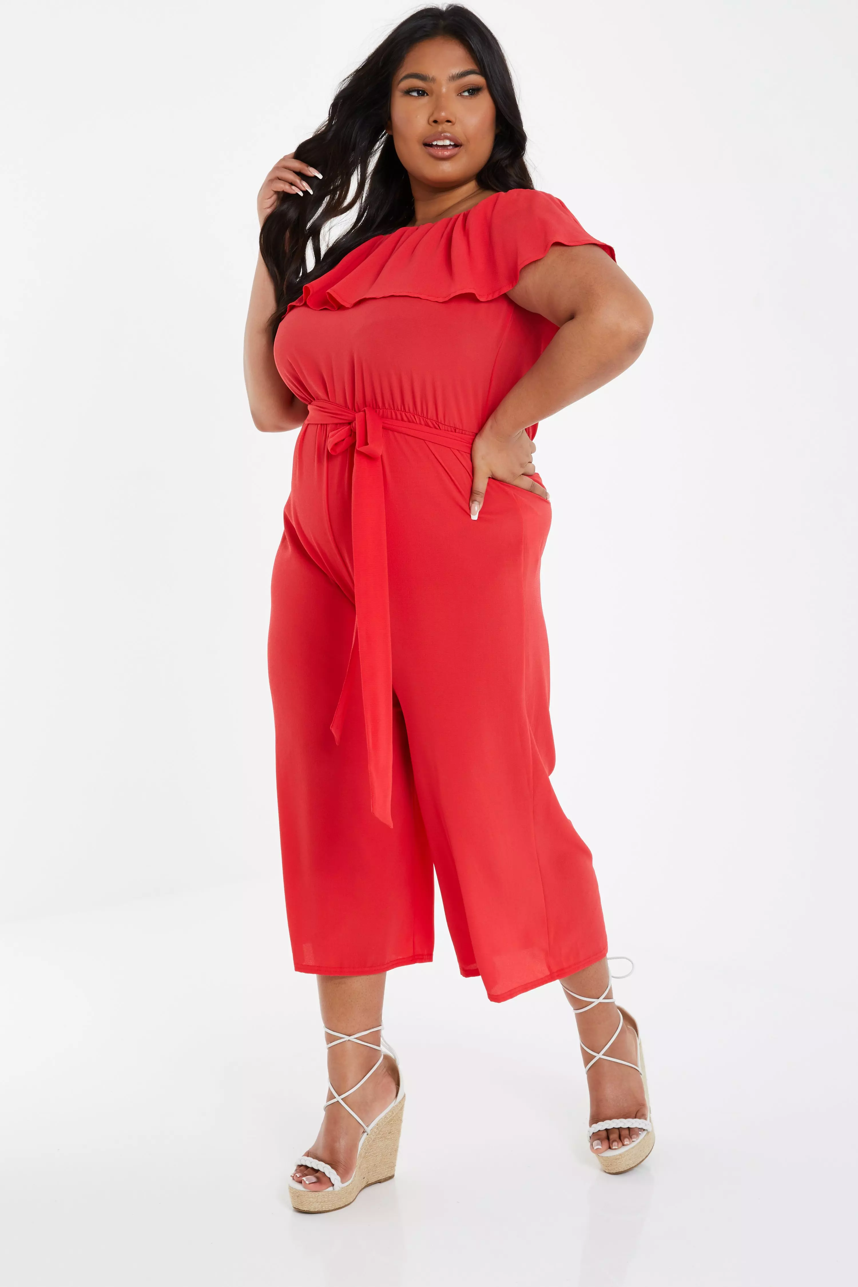 Curve Red Bardot Culotte Jumpsuit