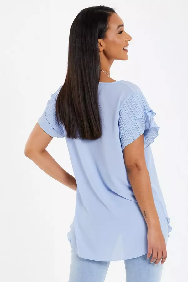 Blue Frill Sleeve Necklace Top