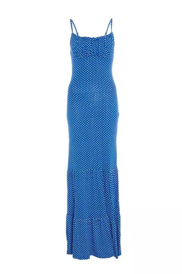 Blue Polka Dot Ruched Maxi Dress