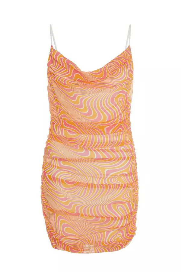Orange Swirl Print Bodycon Mini Dress