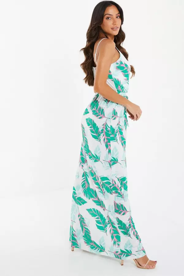 White Tropical Print Maxi Dress