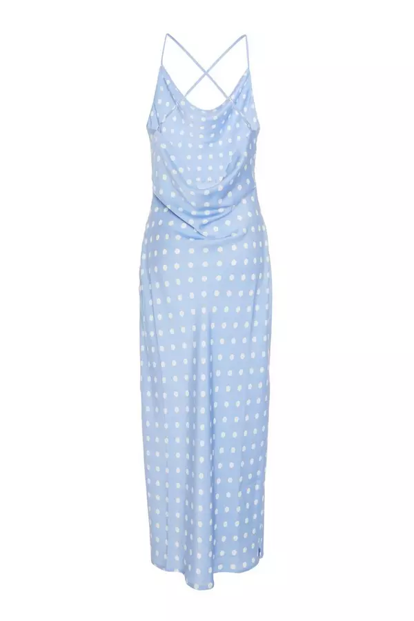 Blue Polka Dot Satin Maxi Dress