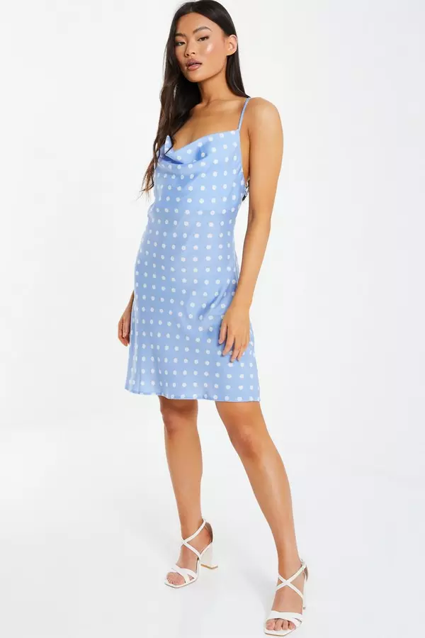 Blue Polka Dot Satin Slip Mini Dress