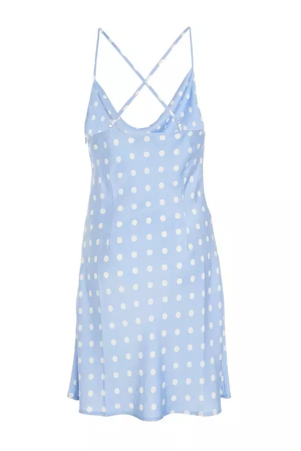 Blue Polka Dot Satin Slip Mini Dress
