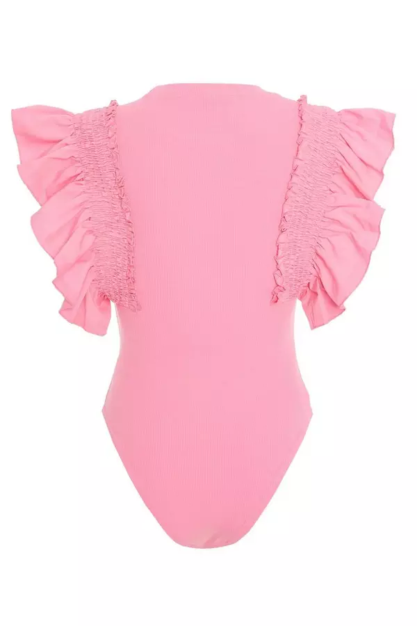 Pink Ribbed Frill Sleeve Bodysuit