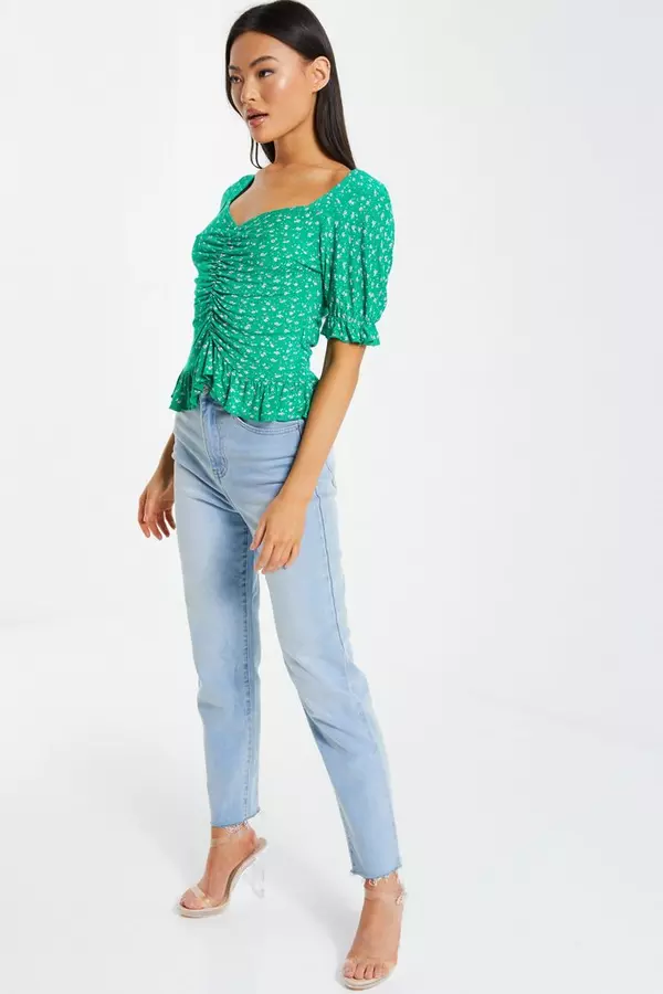 Green Ditsy Floral Peplum Top