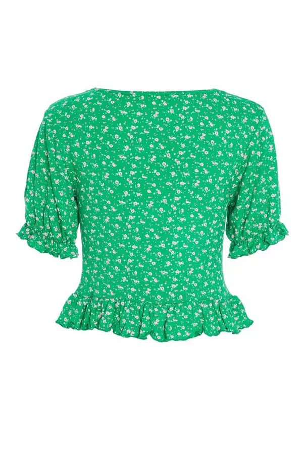 Green Ditsy Floral Peplum Top