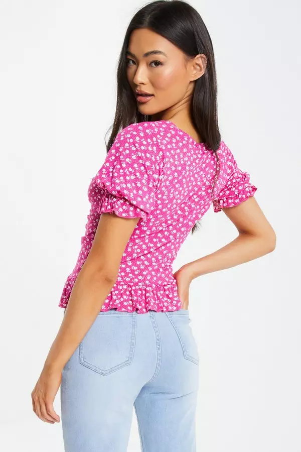 Pink Ditsy Floral Peplum Top