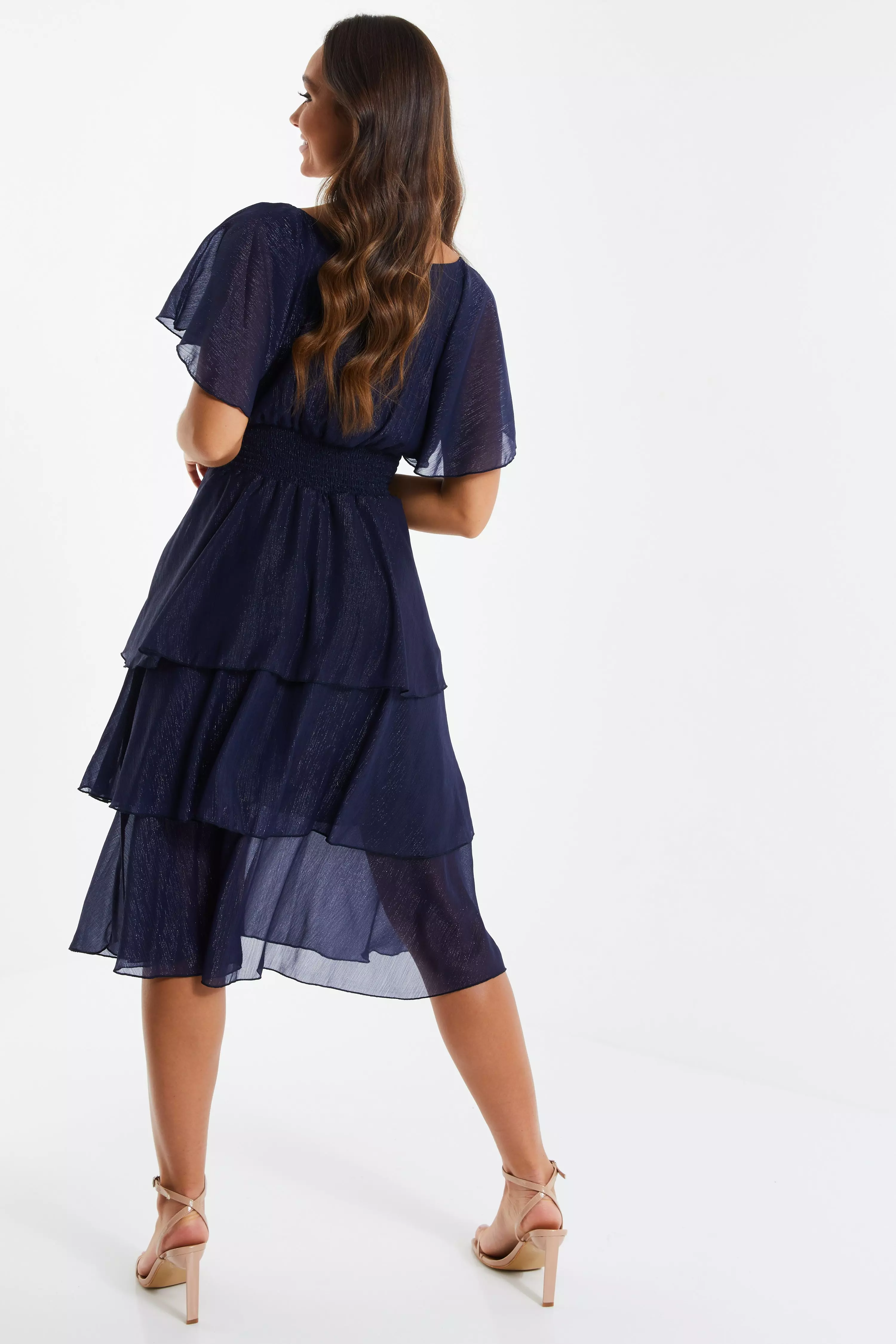 Navy Chiffon Tiered Midi Dress