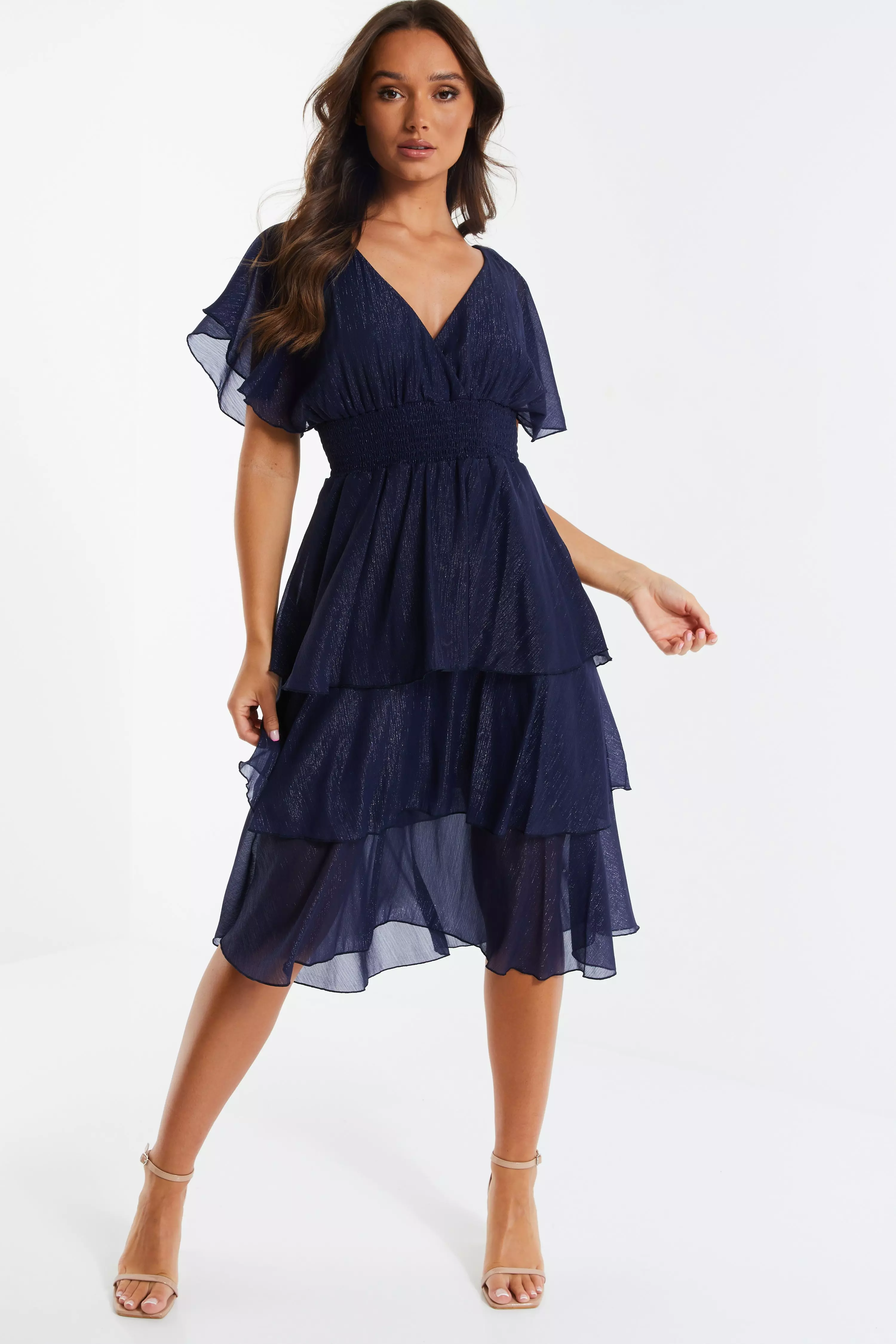 Navy Chiffon Tiered Midi Dress