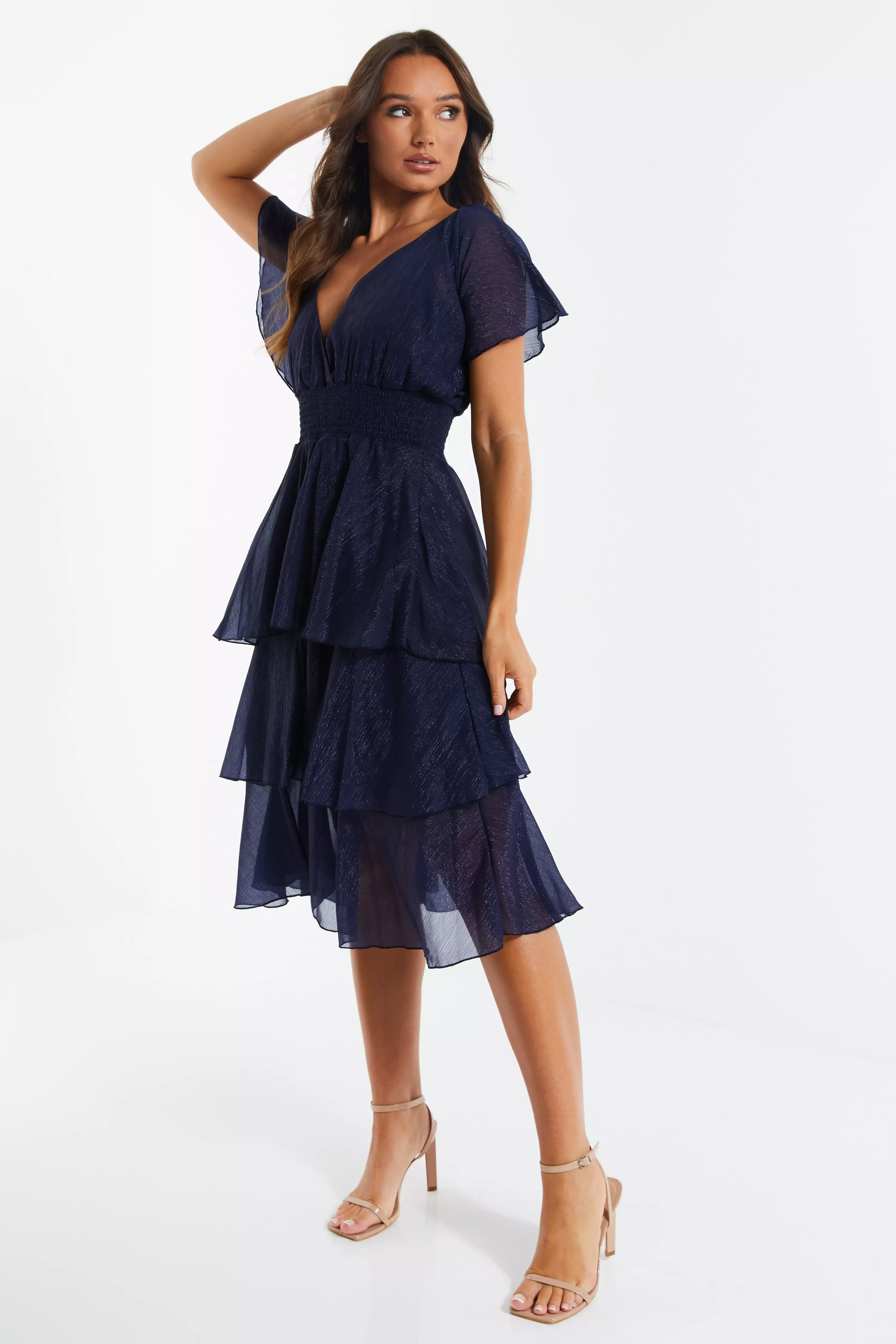 Navy Chiffon Tiered Midi Dress