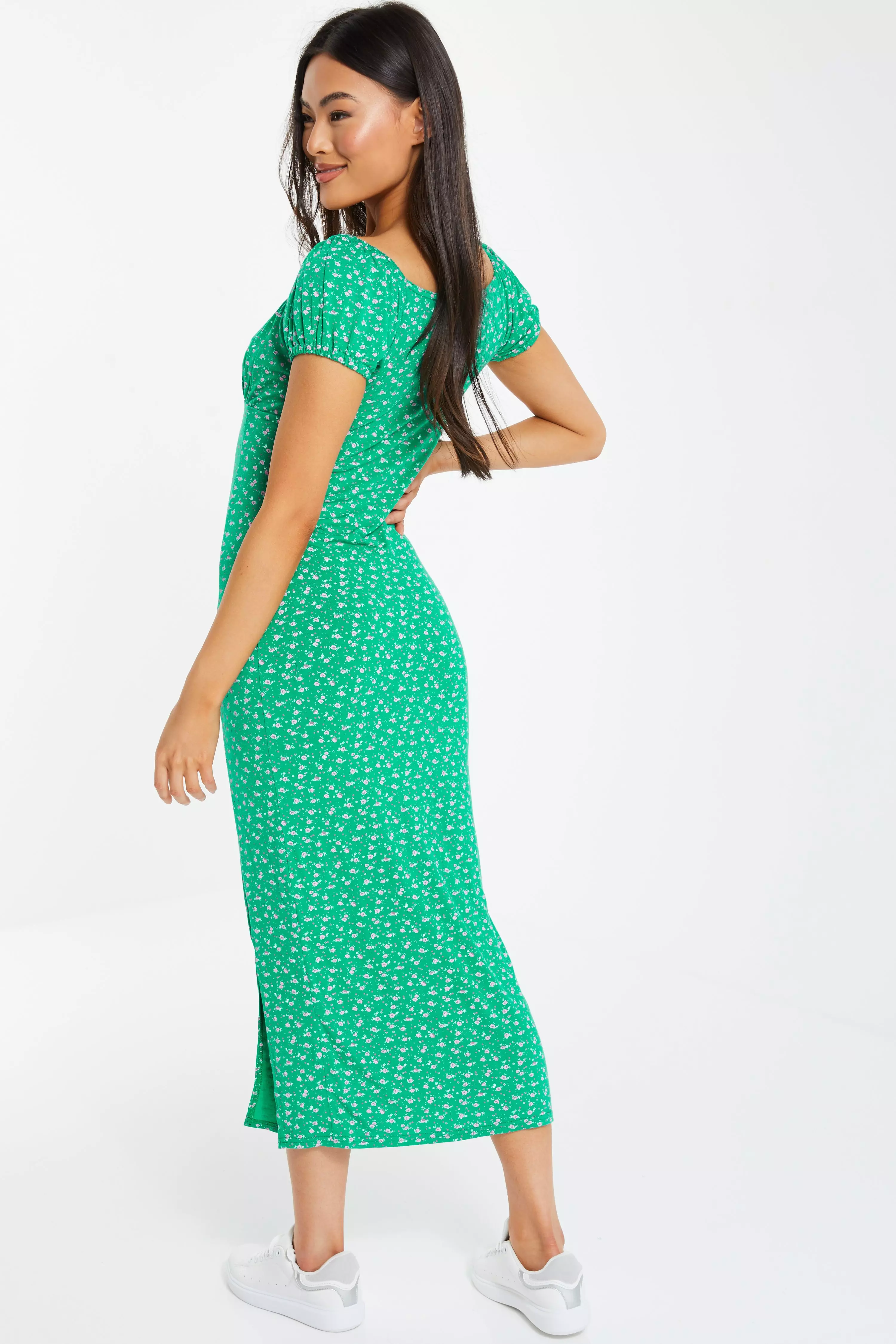 Green Ditsy Floral Ruched Midi Dress