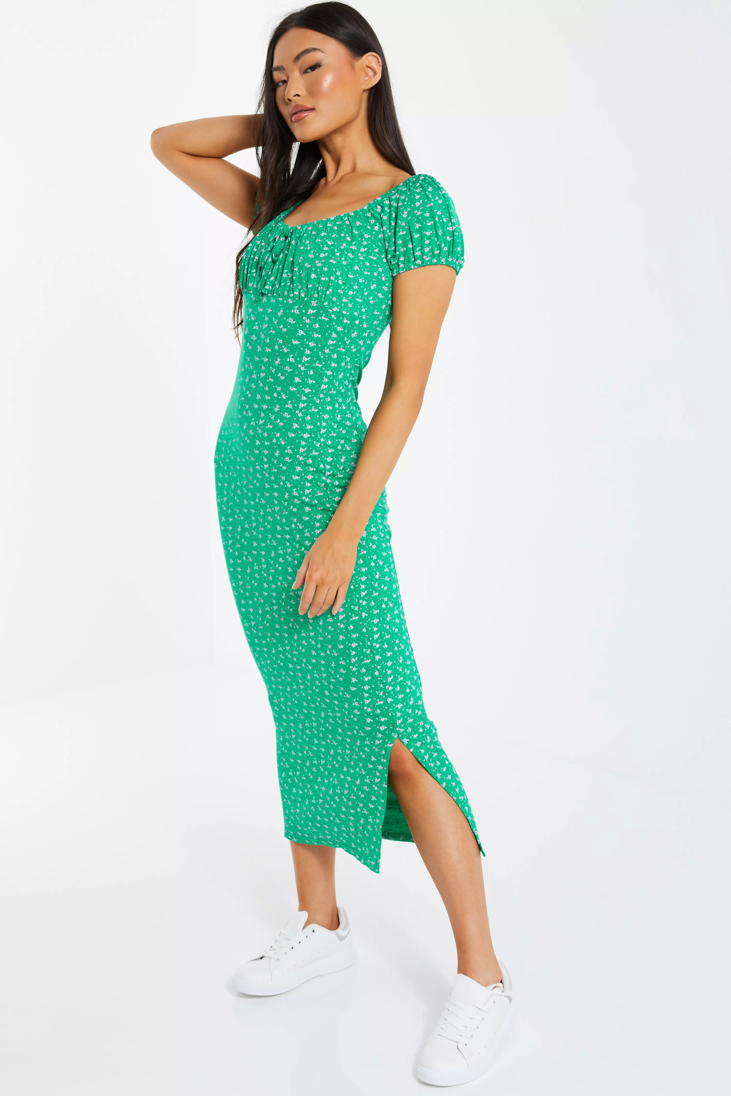 Green Ditsy Floral Ruched Midi Dress