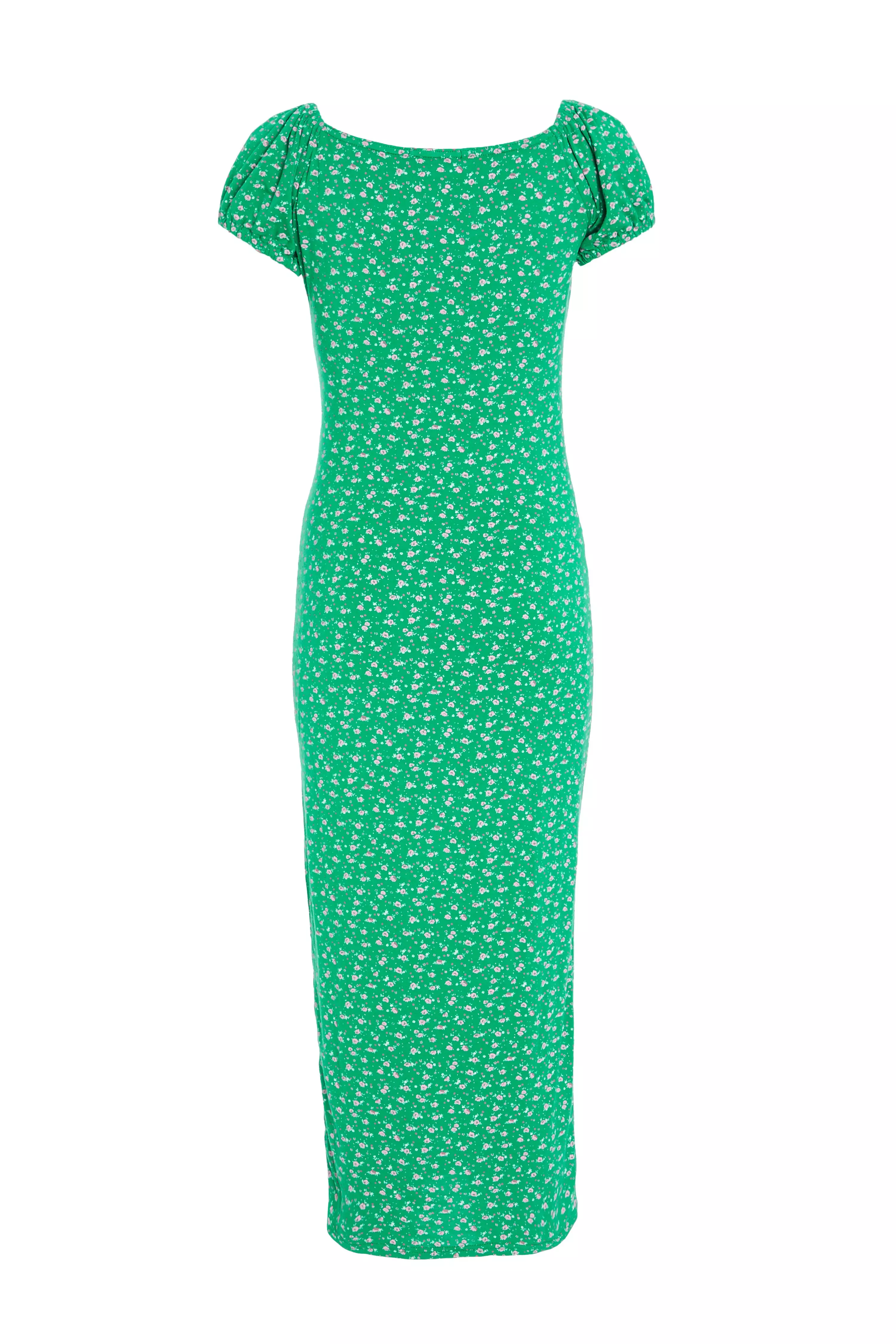 Green Ditsy Floral Ruched Midi Dress