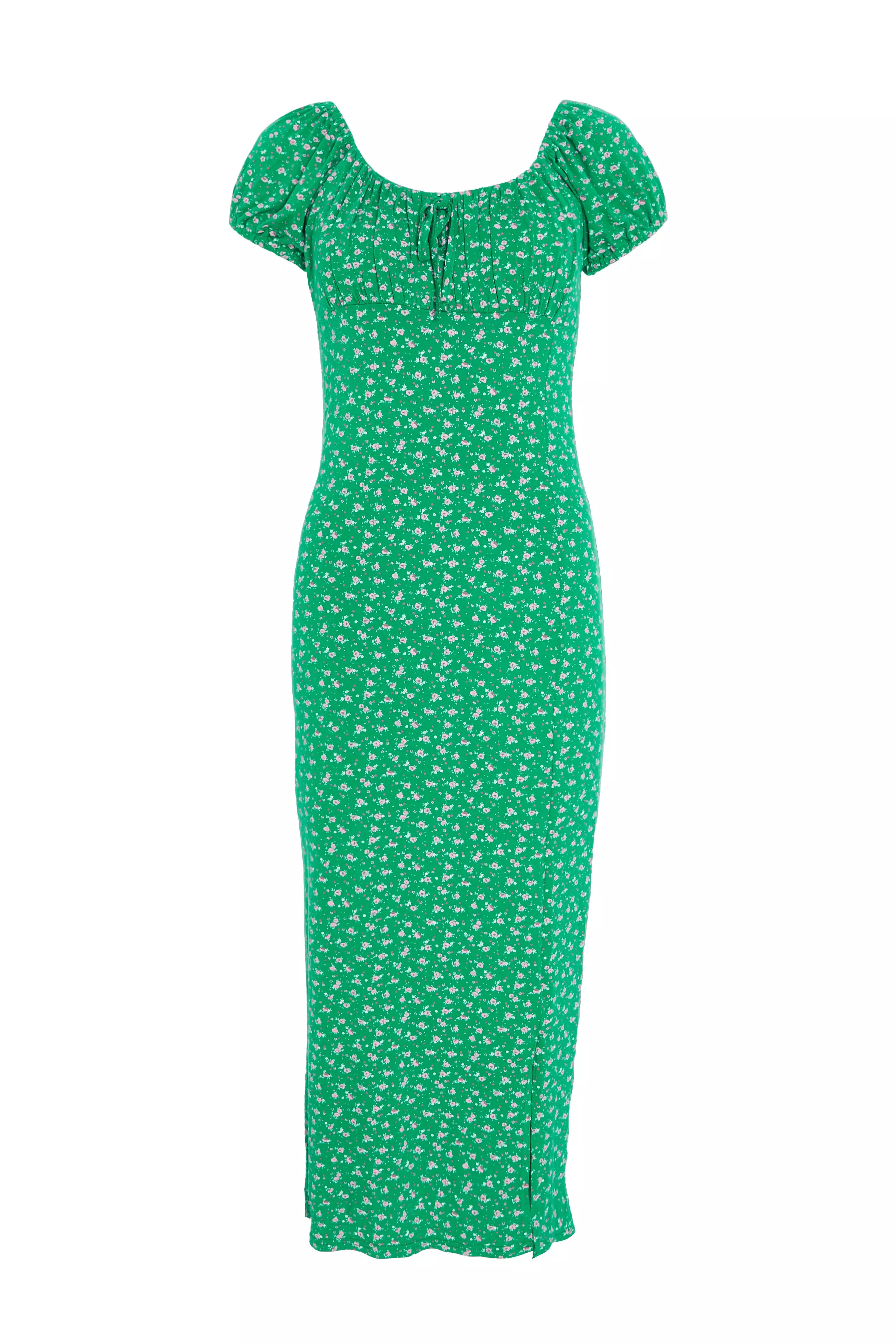 Green Ditsy Floral Ruched Midi Dress