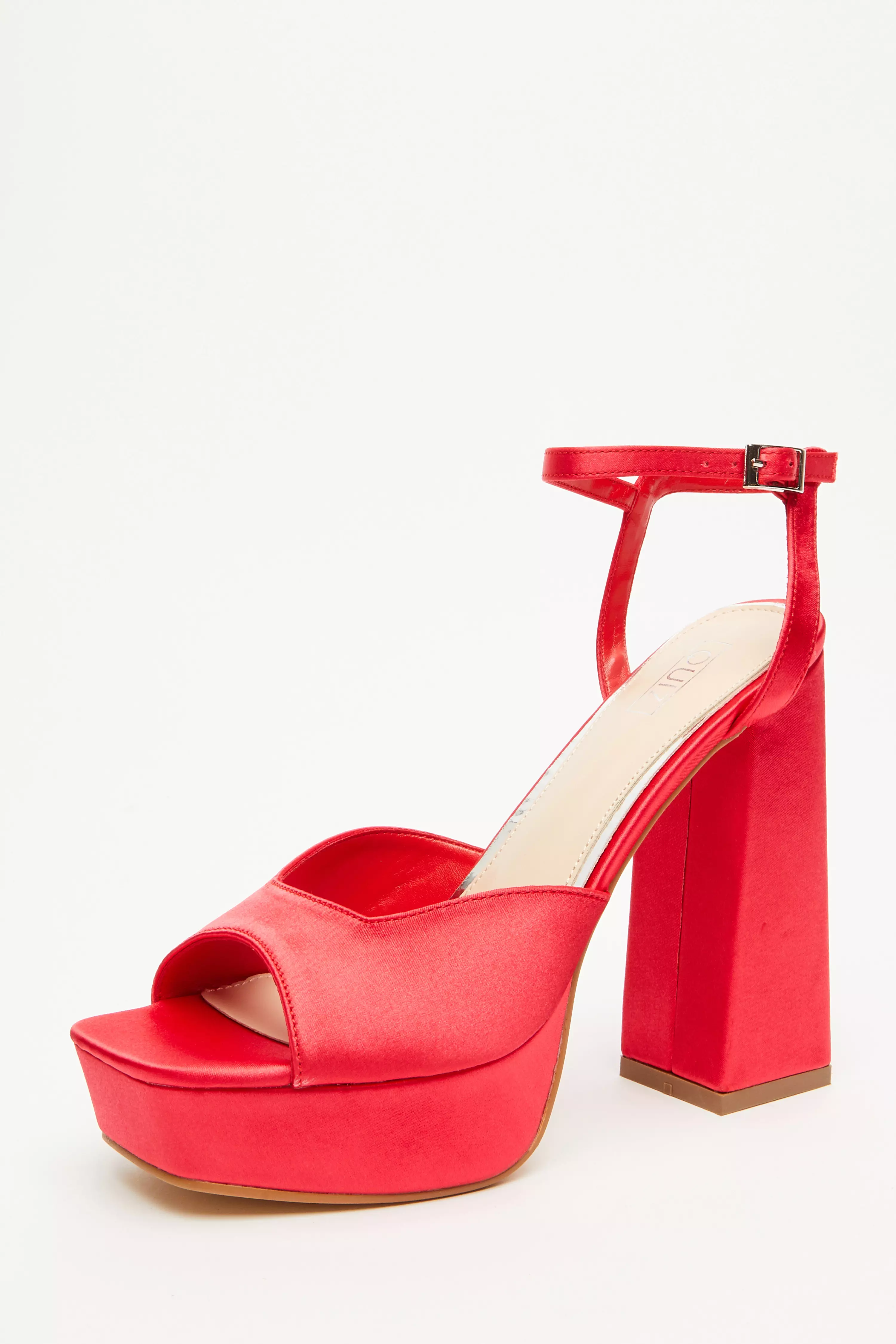 Red Satin Platform Heeled Sandals