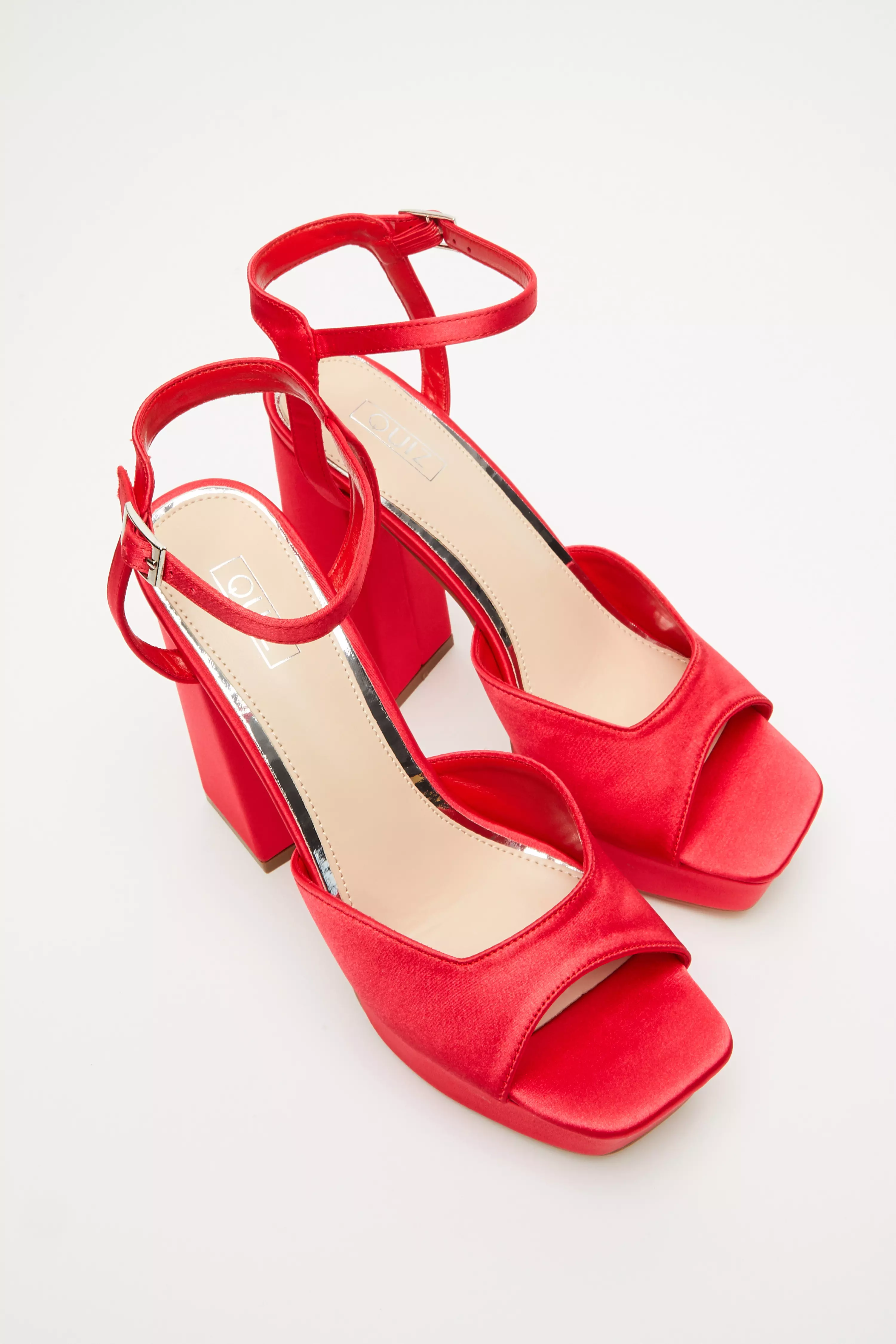 Red Satin Platform Heeled Sandals