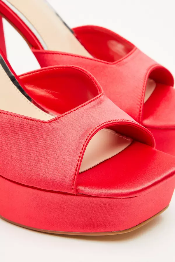 Red Satin Platform Heeled Sandals