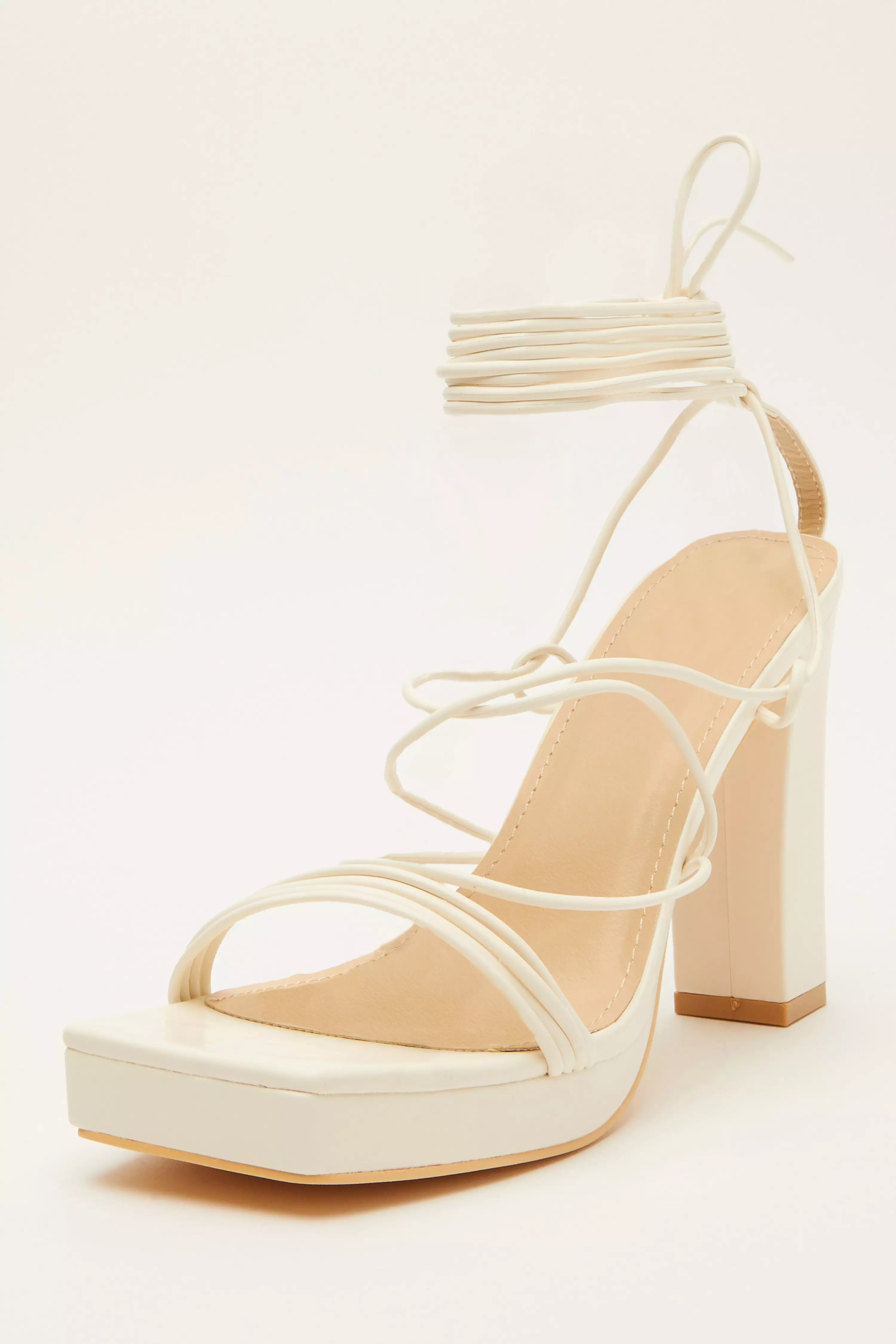 White Ankle Tie Platform Heeled Sandals