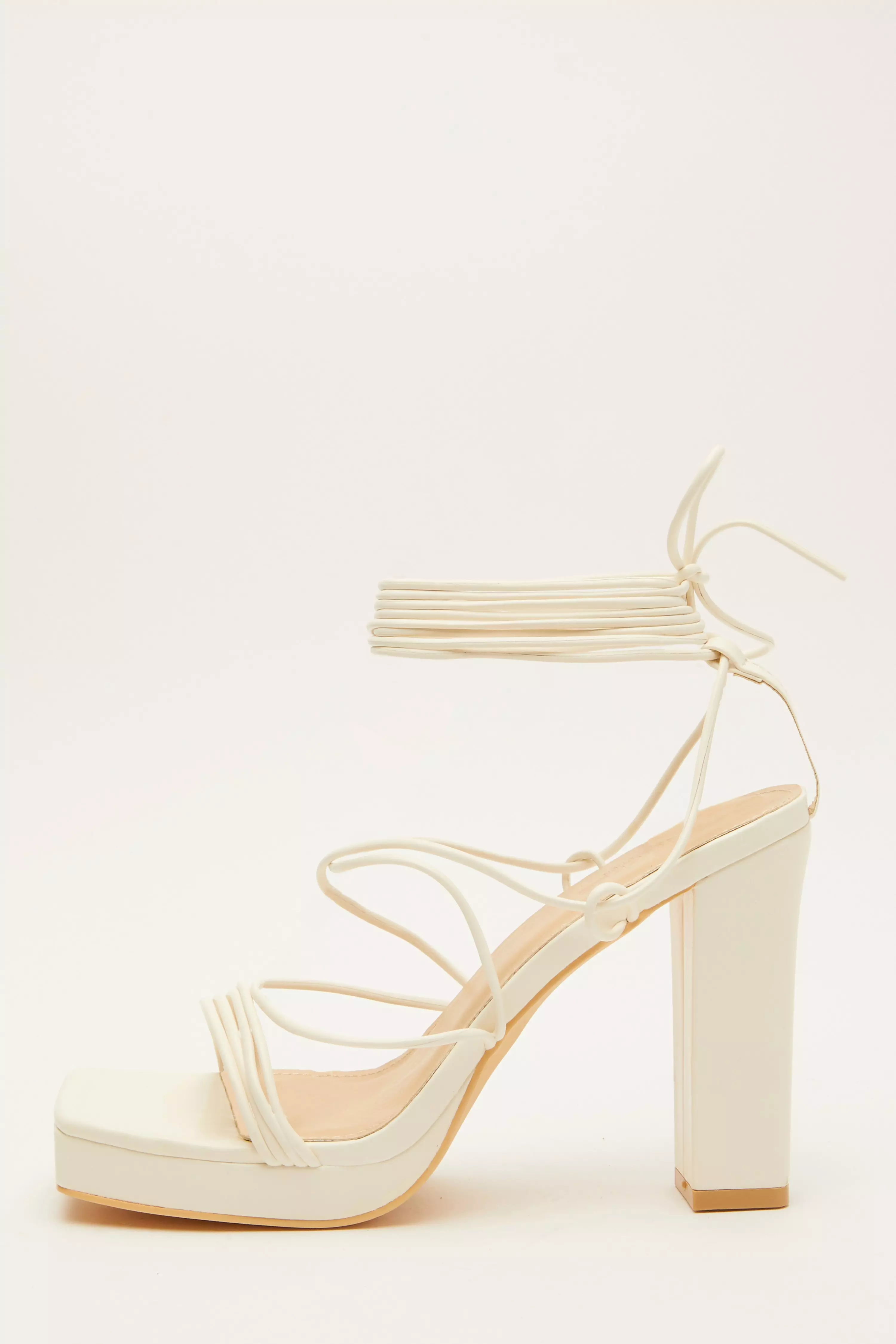 White Ankle Tie Platform Heeled Sandals