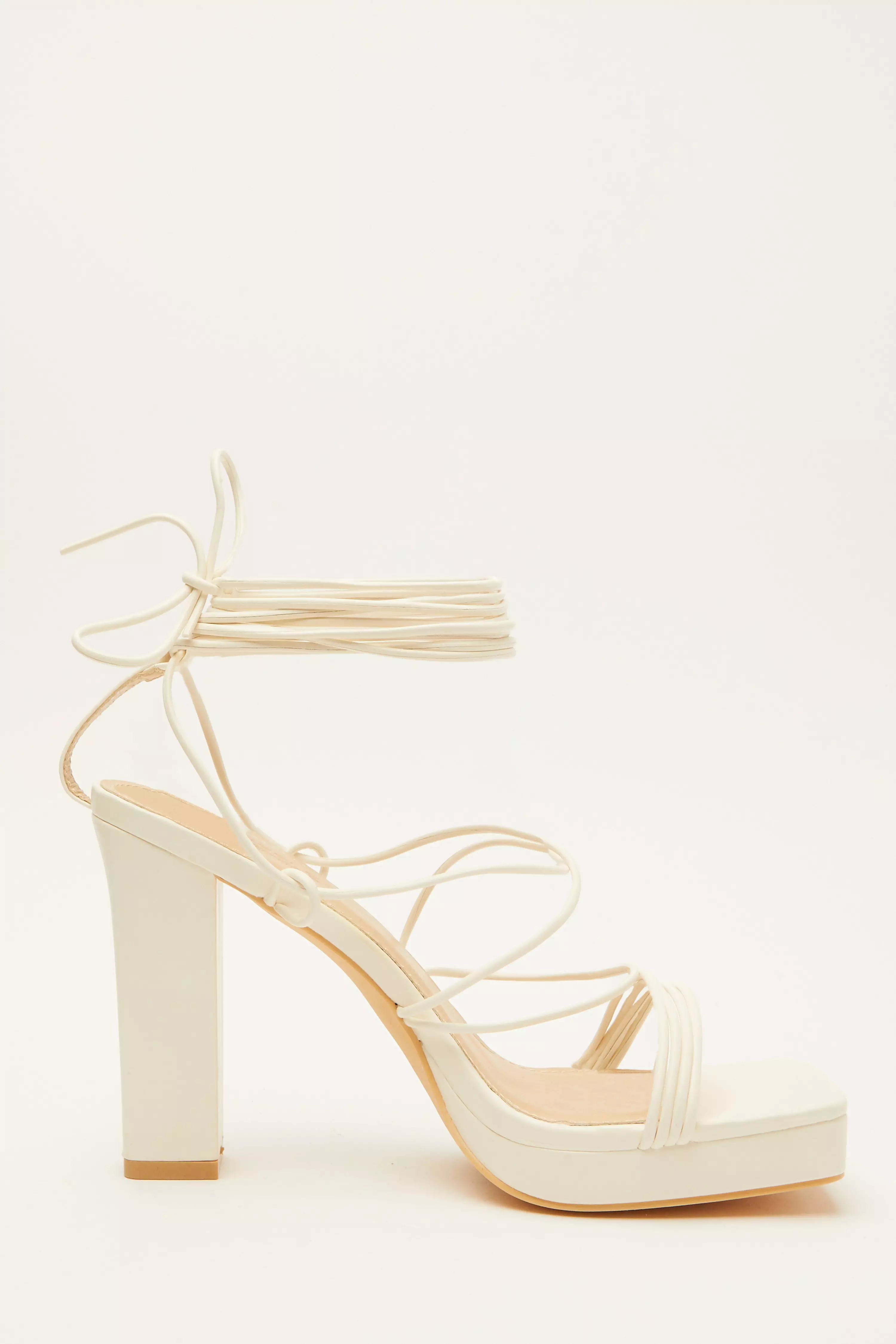 White Ankle Tie Platform Heeled Sandals