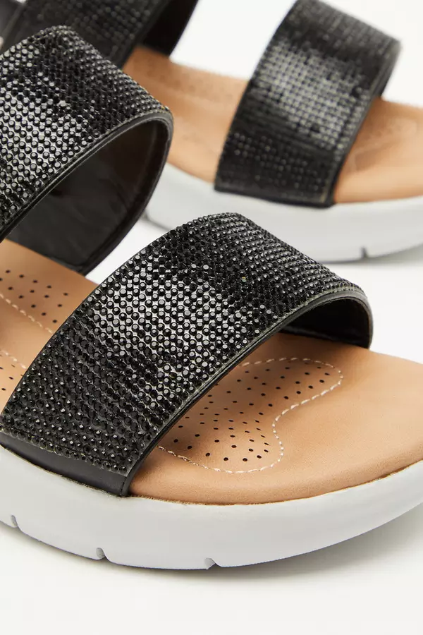 Wide Fit Black Diamante Comfort Sandals