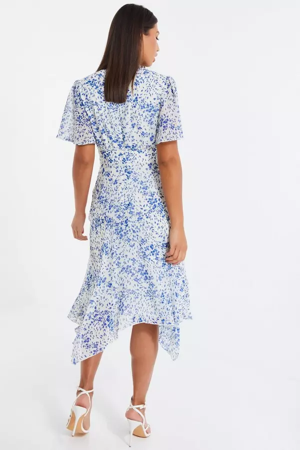 Blue Chiffon Floral Frill Midi Dress