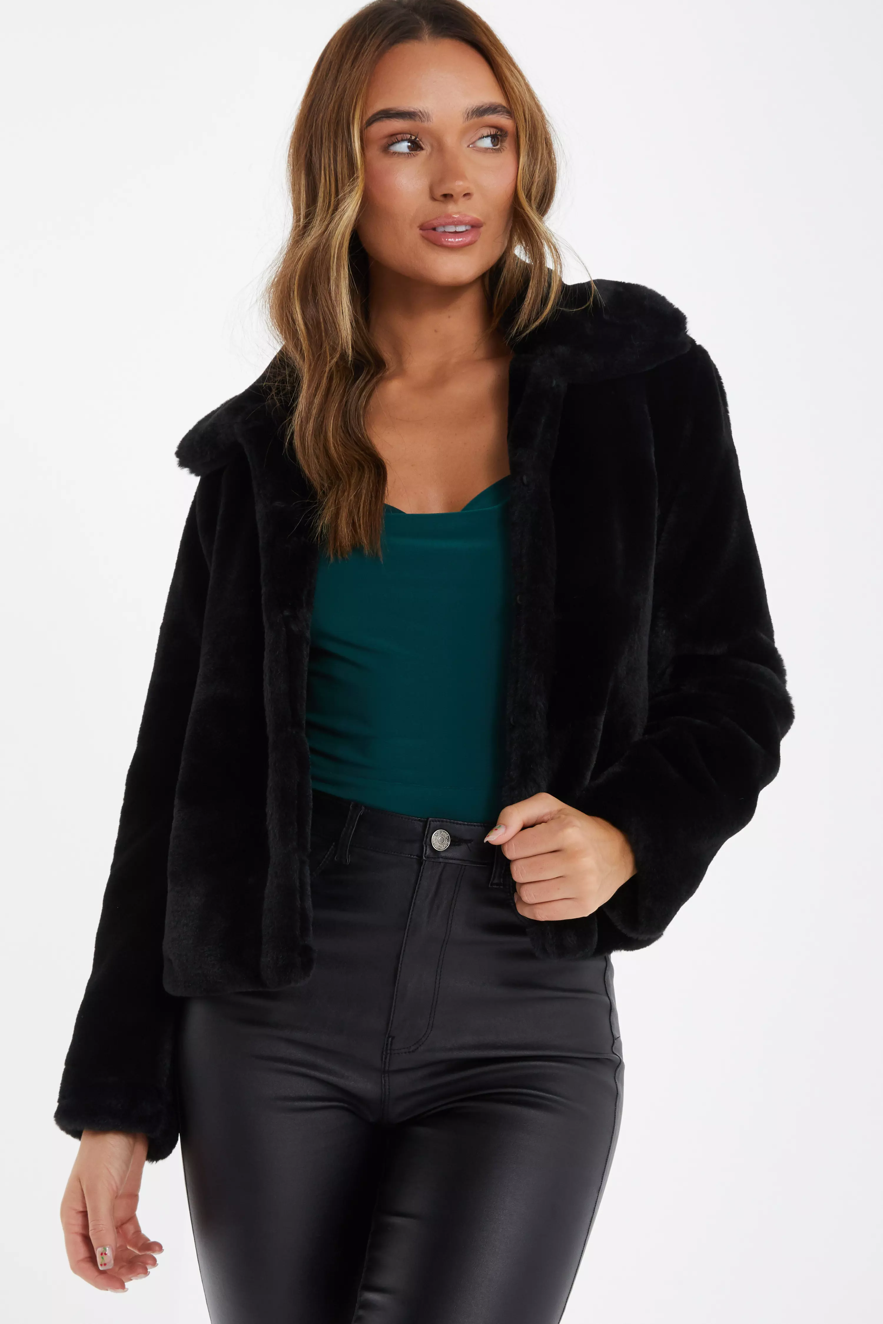 Quiz faux fur jacket hot sale black